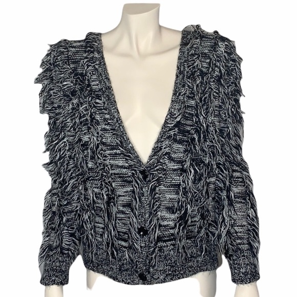 Shaggy black white 3 button cardigan deep V cardigan - Picture 1 of 14